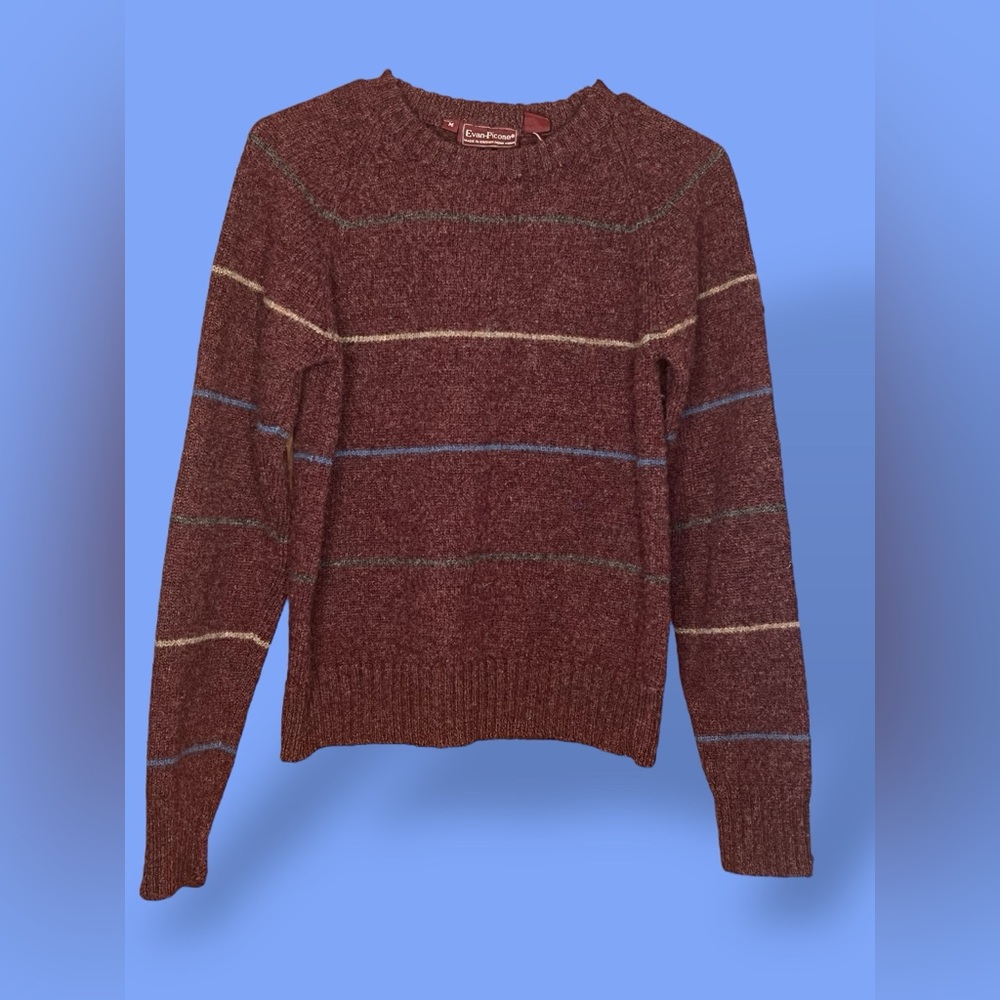 Vintage 70’s Evan Picone Burgundy and Blue Striped Crewneck Sweater